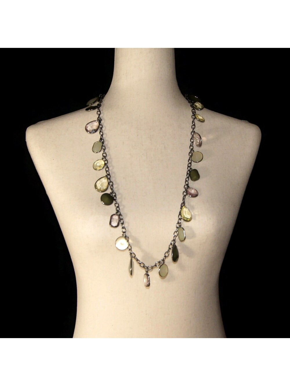 Vintage Silver Tone Necklace with Green & Clear Bezel Set Plastic Dangles, 32".